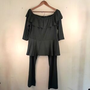 Arabella Two-Piece Olive Green Off the Shoulder Flare Leg Pants Set 2XL